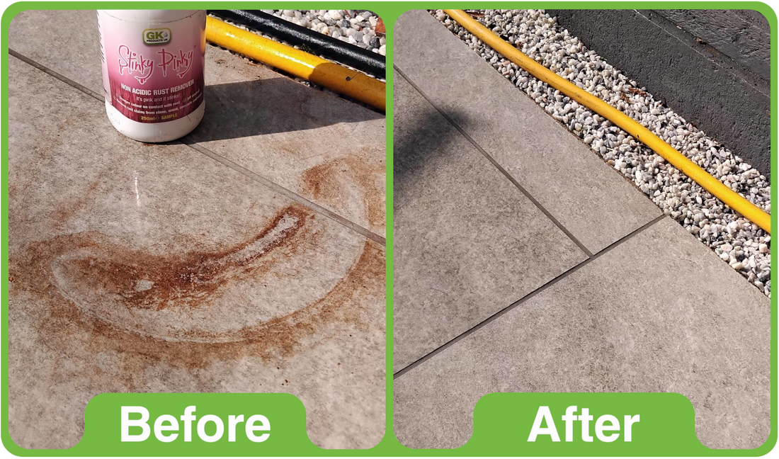 non-acidic stone rust remover on marble surface before after